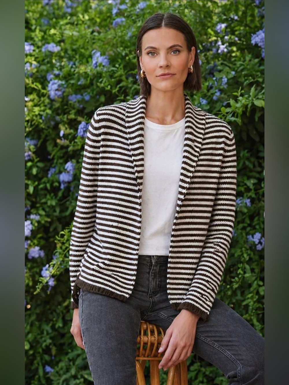 Pure Collection Shawl Collar Hand Knit Jacket Cardigan Brown White Sz M-L Chic